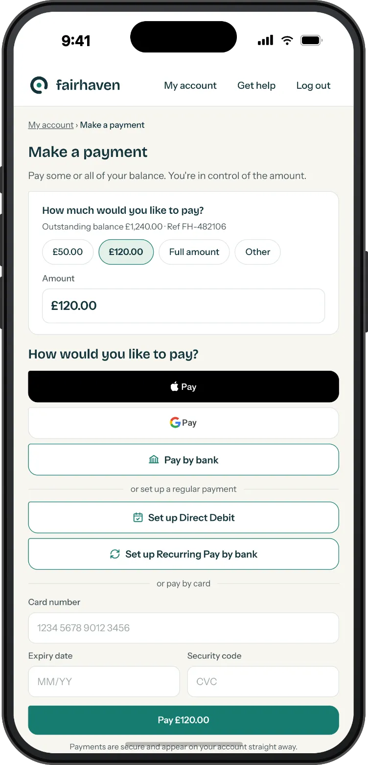 The Flexys customer portal on a mobile phone, with a customer setting up a payment plan