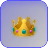 Gold crown icon with blue, green, and pink jewels on a rounded blue square background.