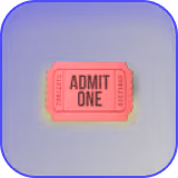 Red ticket with the text 'ADMIT ONE' on a dark blue rounded square background.