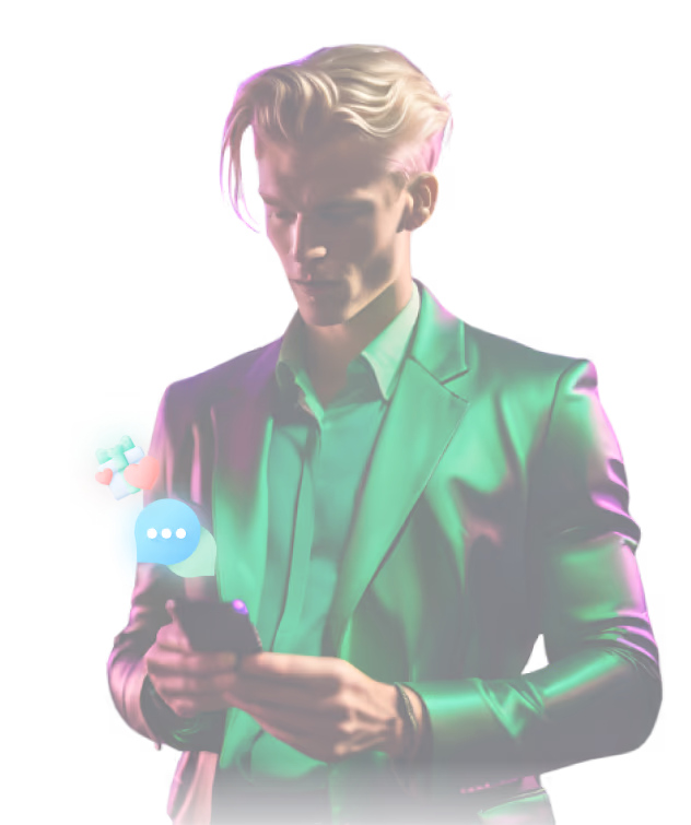 Blonder Mann im grünen Anzug, der auf sein Telefon schaut, in dessen Nähe bunte Gesundheits- und Chatsymbole schweben.