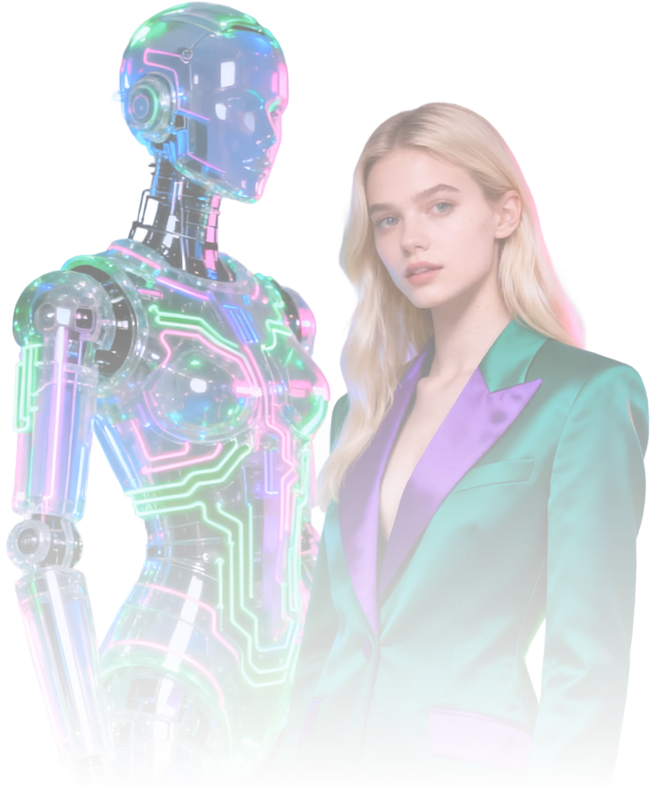 Transparent humanoid robot with neon green and pink circuit lights standing beside a woman wearing a green satin blazer with purple lapels.