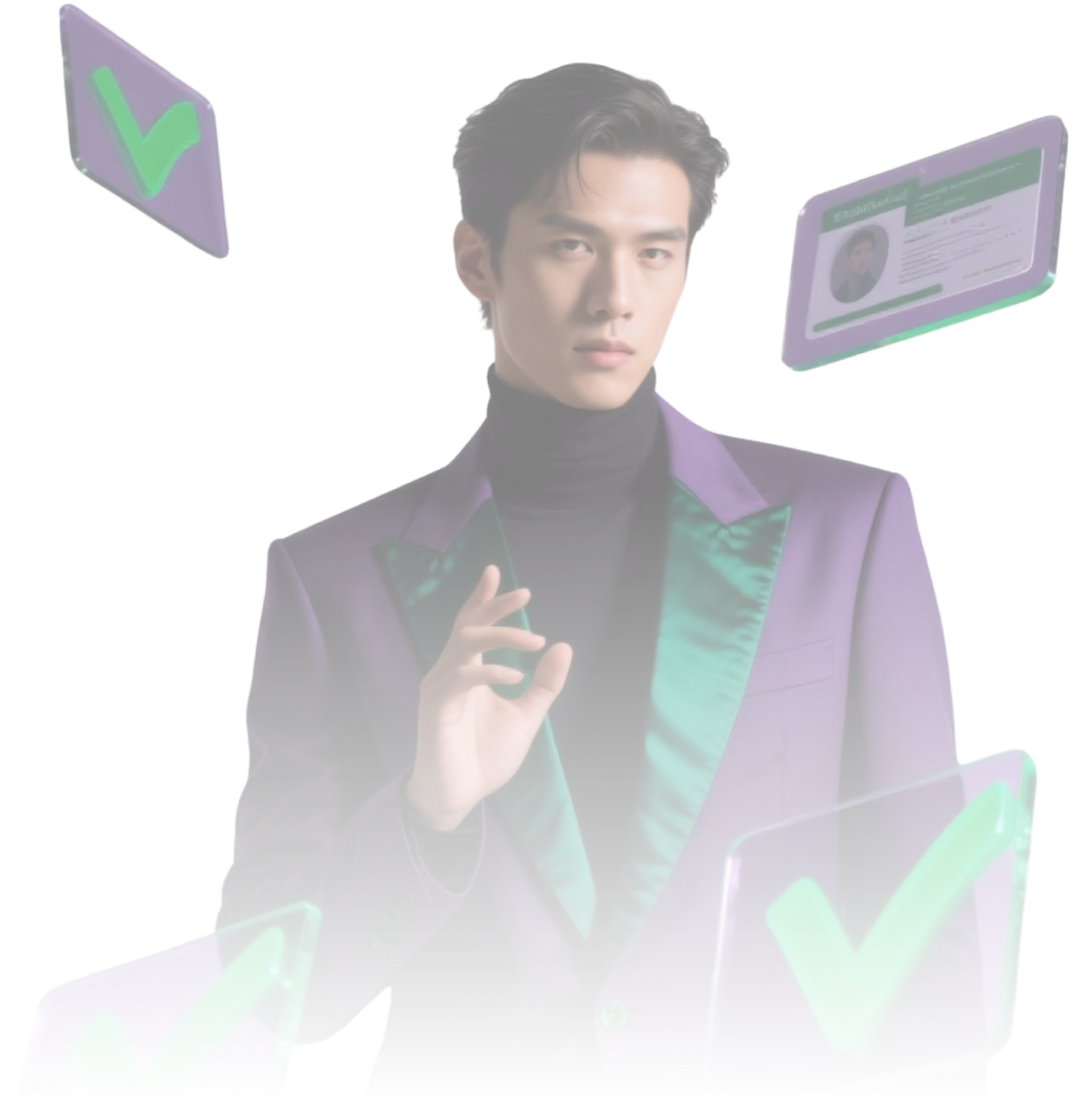 Man in a purple suit with green satin lapels surrounded by floating green check marks and an ID card.