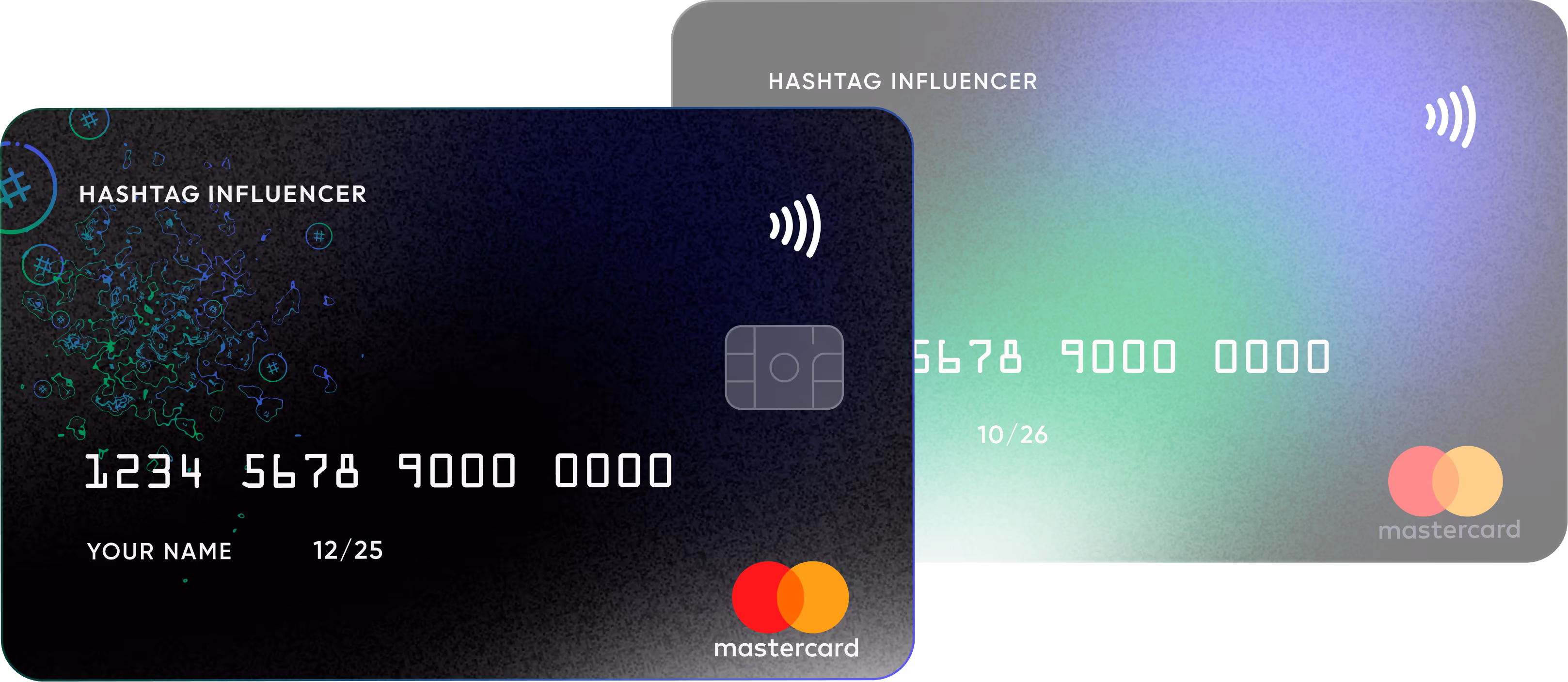 Two Mastercard credit cards with 'HASHTAG INFLUENCER' text; the front card is black with a chip and the back card has a green and blue gradient background.
