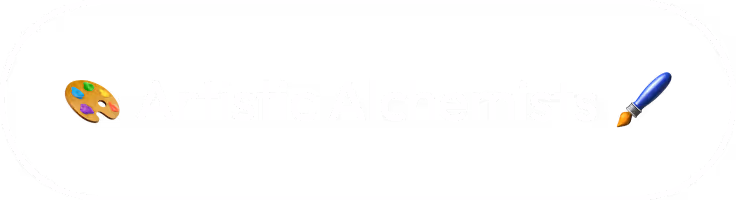 Button with text 'Artistic Alchemists' flanked by a painter's palette emoji on the left and a paintbrush emoji on the right on a black background with rounded edges.