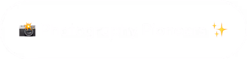 Button with a camera emoji and text 'Photography Pioneers' with sparkles on black background.