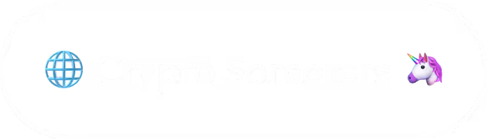 Button with globe emoji, text 'Crypto Sorcerers', and unicorn emoji inside a rounded white border.
