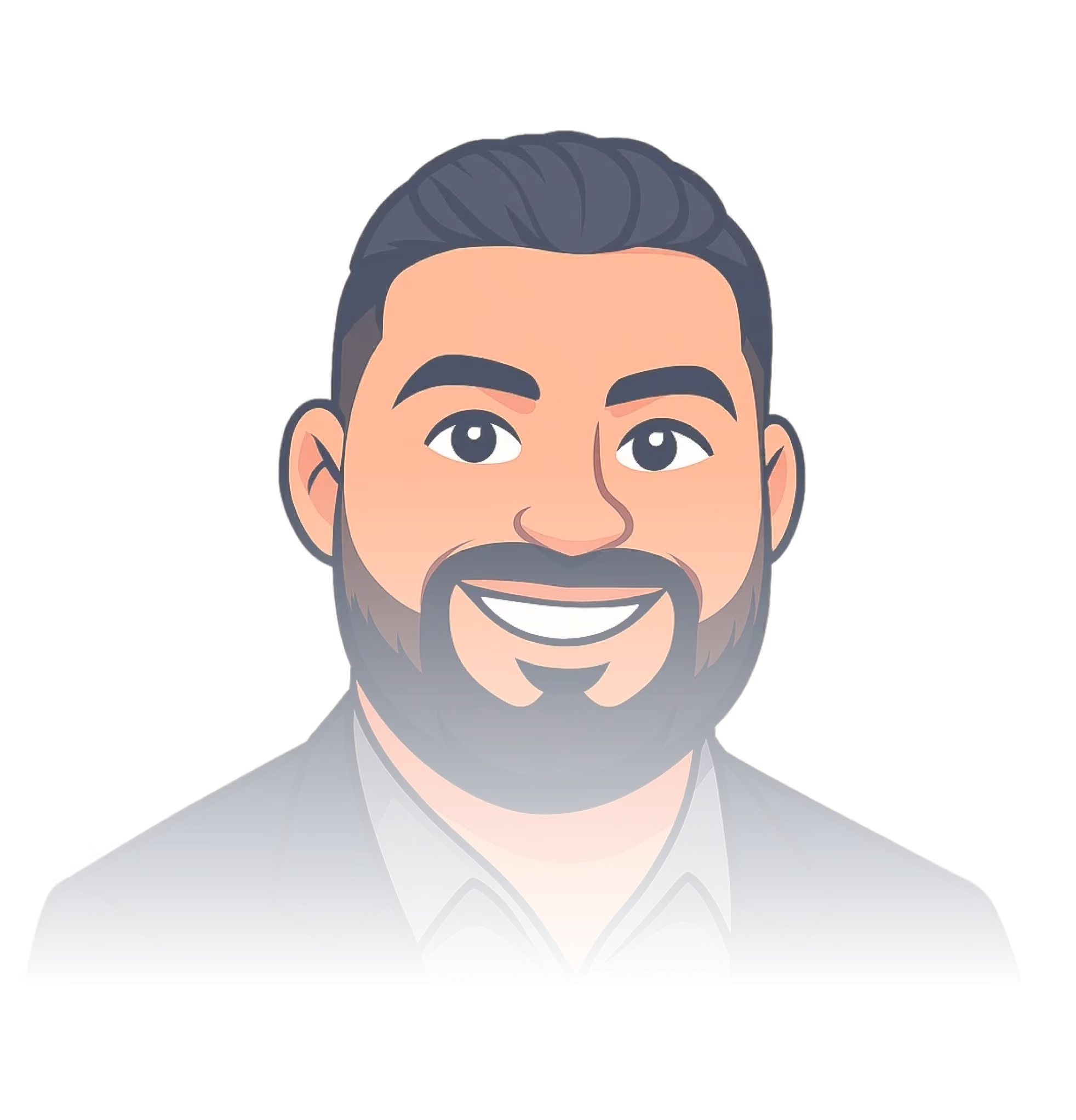 Illustration eines lächelnden Mannes mit dunklem Haar, Bart und Schnurrbart, der eine dunkle Anzugsjacke und ein hellgraues Hemd trägt.