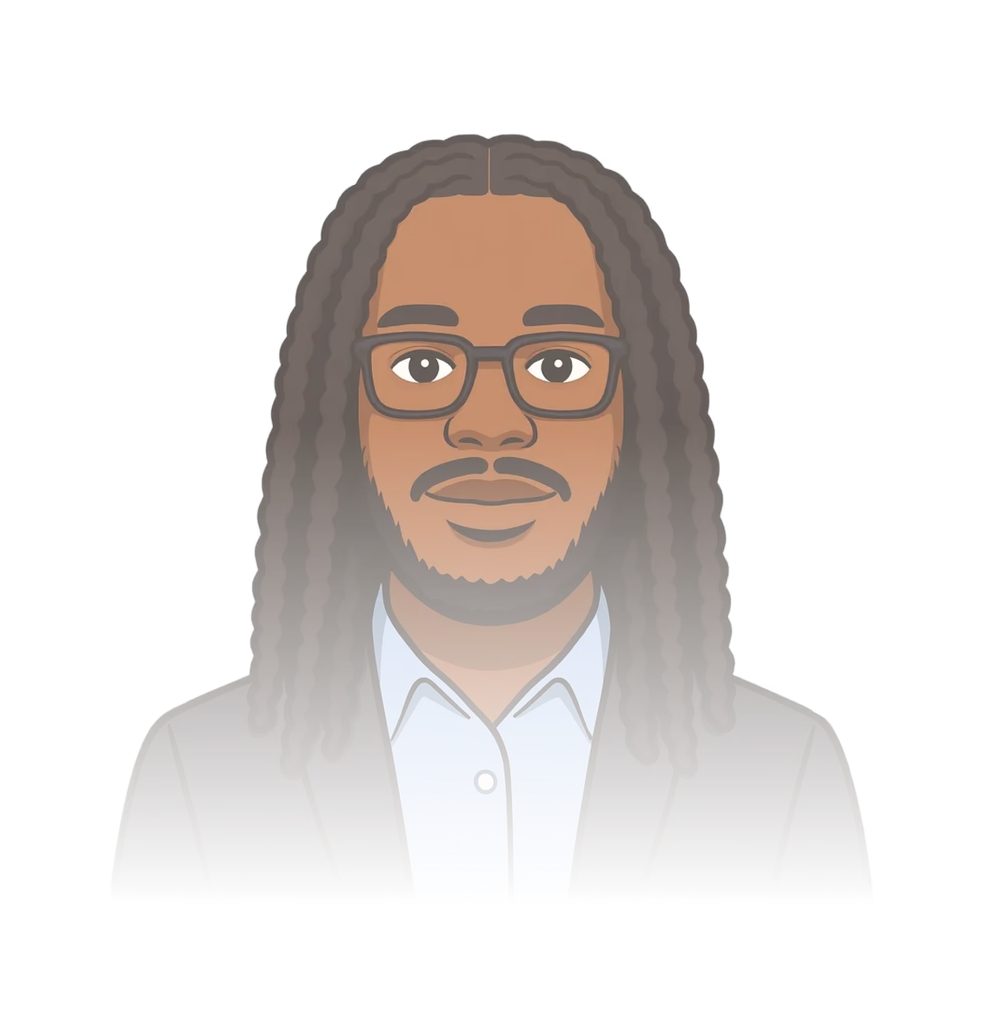 Illustration eines Mannes mit langen Dreadlocks, einer Brille und einem Bart, der ein hellblaues Hemd und einen dunklen Blazer trägt.