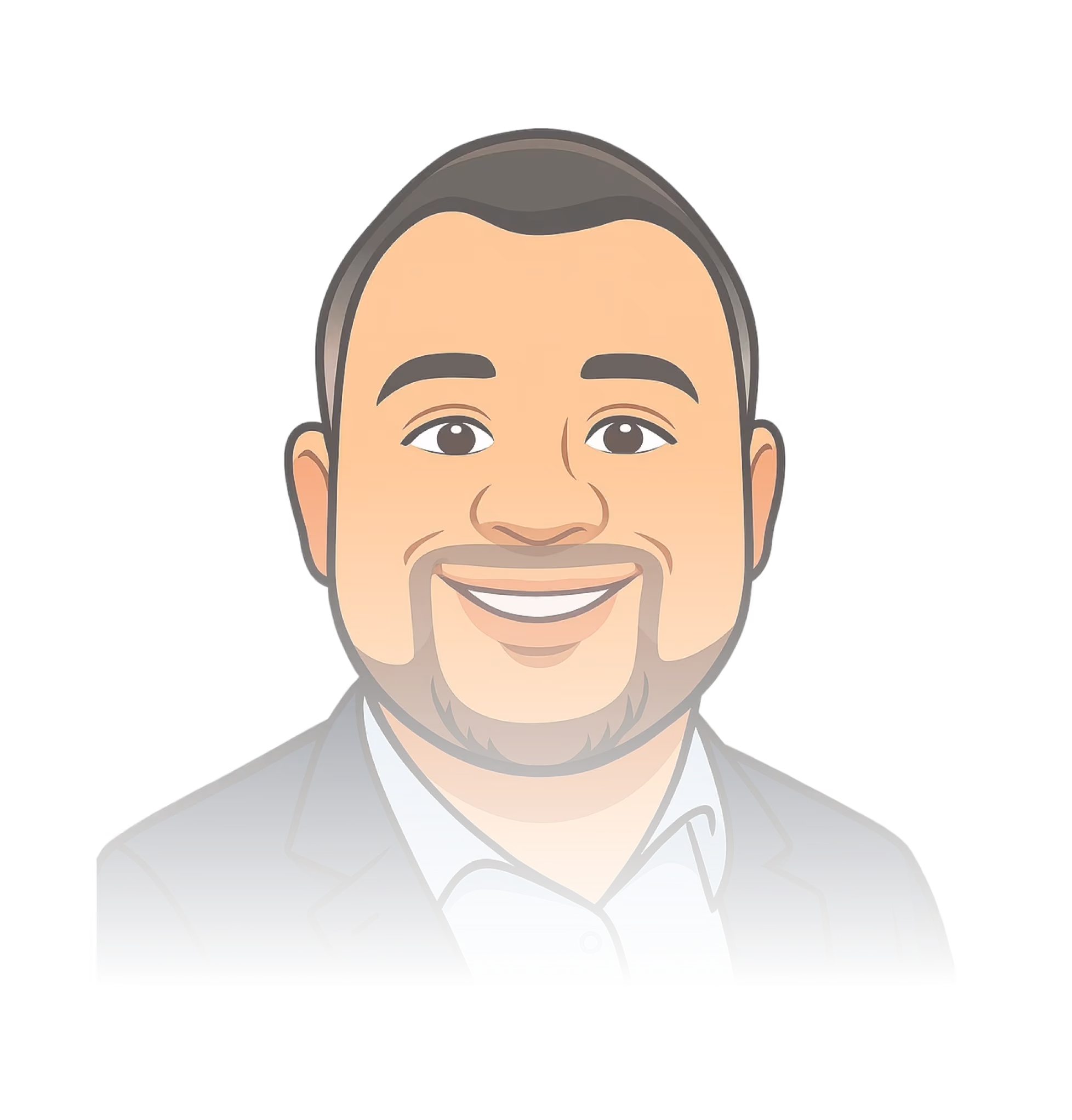 Cartoon-Avatar eines lächelnden Mannes mit kurzen dunklen Haaren und Bart, der eine dunkle Anzugsjacke über einem hellblauen Hemd trägt.