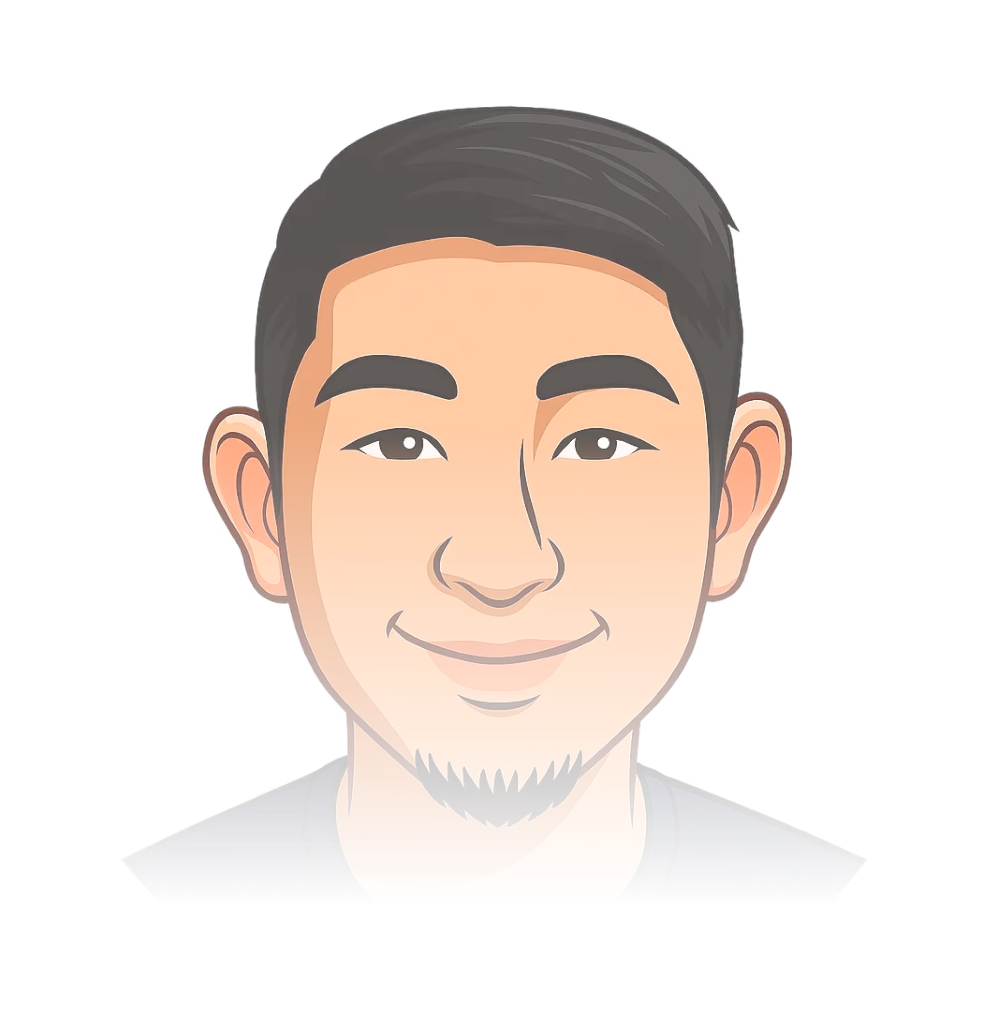 Illustration eines lächelnden Mannes mit kurzen schwarzen Haaren, Spitzbart und einem dunklen Hemd.