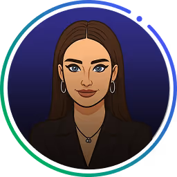 Illustration einer Frau mit langen braunen Haaren, die Ohrringe, eine Halskette und einen schwarzen Blazer vor einem kreisförmigen dunkelblauen Hintergrund mit Farbverlaufsrand trägt.