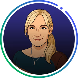 Illustration einer lächelnden blonden Frau mit seitlichem Pferdeschwanz, die ein blaugrünes Oberteil und eine Halskette trägt, vor einem dunklen kreisförmigen Hintergrund mit einem mehrfarbigen Rand.