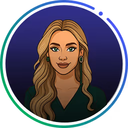 Illustration einer Frau mit langem gewelltem blondem Haar, grünen Augen und grünem Oberteil vor einem dunkelvioletten kreisförmigen Hintergrund mit blauem und grünem Rand.