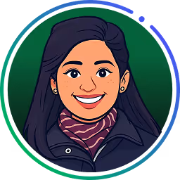 Illustration einer lächelnden Frau mit langen dunklen Haaren, die eine dunkle Jacke und einen gestreiften Schal trägt, vor einem grünen runden Hintergrund mit abstrakten blauen und grünen Linien.