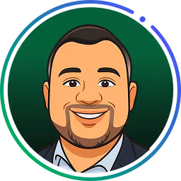 Cartoon-Avatar eines lächelnden Mannes mit kurzen schwarzen Haaren und Bart, der ein Hemd mit einer Jacke trägt.