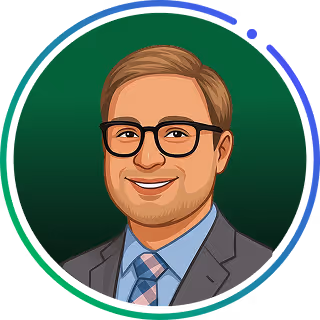 Illustration eines lächelnden Mannes mit hellbraunem Haar und Brille, der einen grauen Anzug, ein blaues Hemd und eine gemusterte Krawatte auf einem grünen, runden Hintergrund trägt.