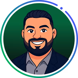 Illustration eines Mannes mit dunklem Haar und Bart, der eine dunkle Jacke und ein graues Hemd trägt und vor einem grünen, runden Hintergrund lächelt.