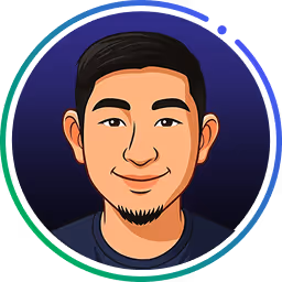 Illustration eines lächelnden jungen Mannes mit kurzen schwarzen Haaren, einem dünnen Schnurrbart und Bart, vor einem dunkelblauen kreisförmigen Hintergrund mit einem grünen und blauen Ring.