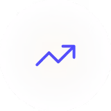 Purple arrow trending upward on a light circular background.