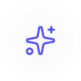Blue sparkle icon with a plus sign inside a white circular background.