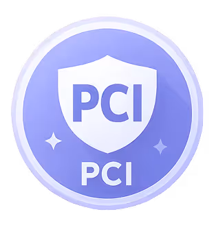 Purple circular badge featuring a shield with the letters 'PCI' and the text 'PCI' below it, symbolizing PCI compliance or security.