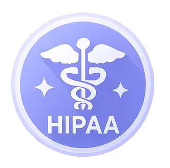 Purple circular icon with a white caduceus symbol and text 'HIPAA'.