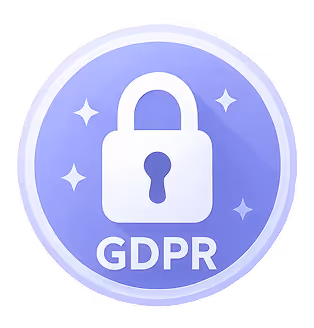 Purple circular badge with a white padlock icon and the text GDPR below it, surrounded by four white sparkles.