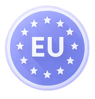 Blue circular badge with white stars forming a circle around the letters 'EU' in the center.