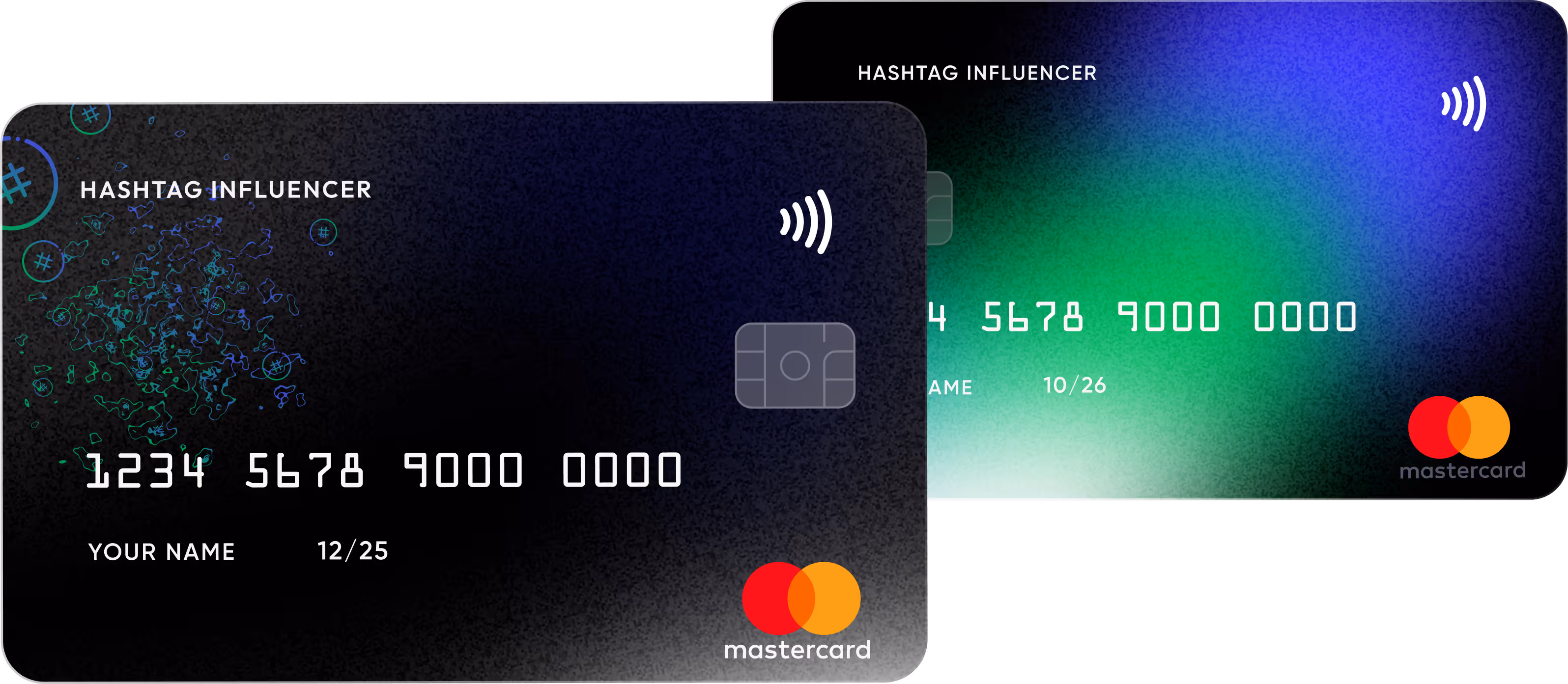 Two Mastercard credit cards with the label Hashtag Influencer, one black with abstract hashtag patterns and the other with a green and blue gradient background.