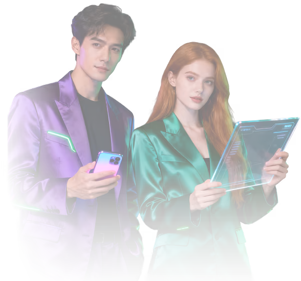 Man in purple satin suit holding a smartphone and woman in green satin suit holding a transparent digital tablet.