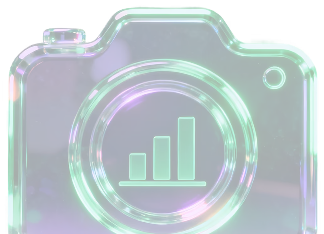 Transparent camera icon with neon green and purple lights, featuring a bar chart symbol in the center lens.