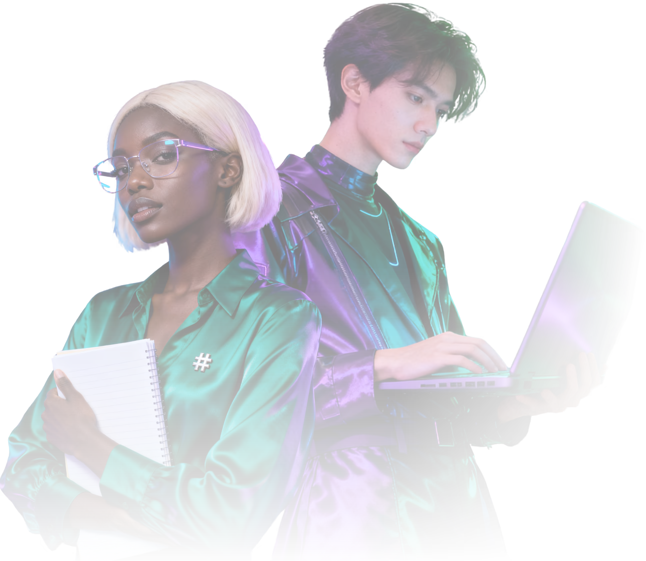 Two young professionals back to back, a Black woman in a green satin shirt holding a notebook and a man in a shiny purple and green jacket using a laptop.