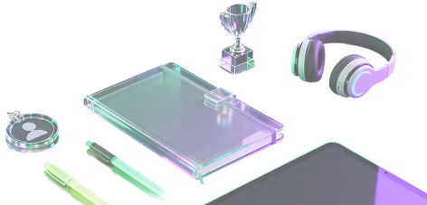 Transparent notepad, two green pens, small trophy, headphones, and a partial view of a tablet on a black surface.