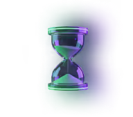 3D metallic hourglass with green and purple lighting on a dark background.