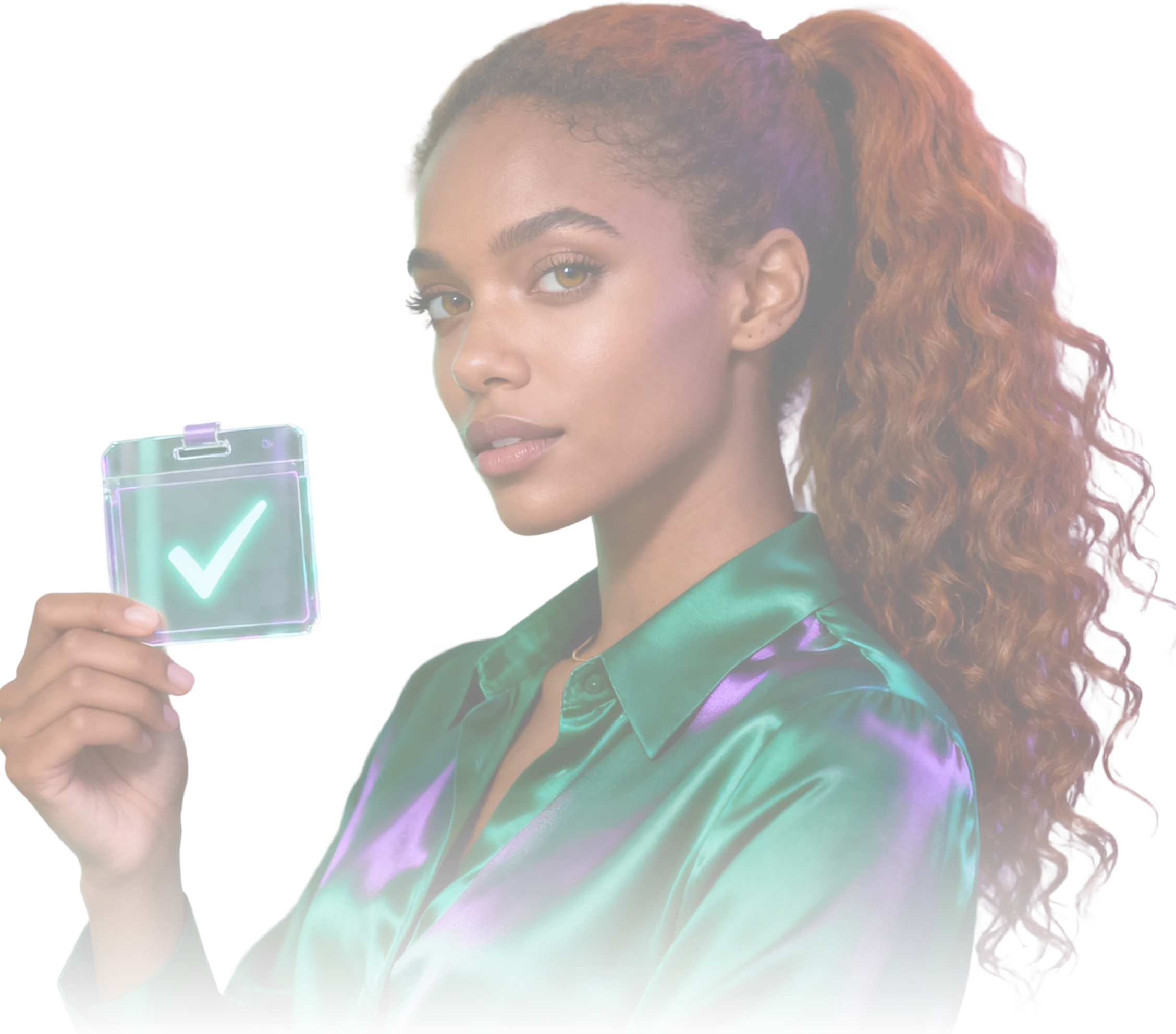 Two young professionals back to back, a Black woman in a green satin shirt holding a notebook and a man in a shiny purple and green jacket using a laptop.