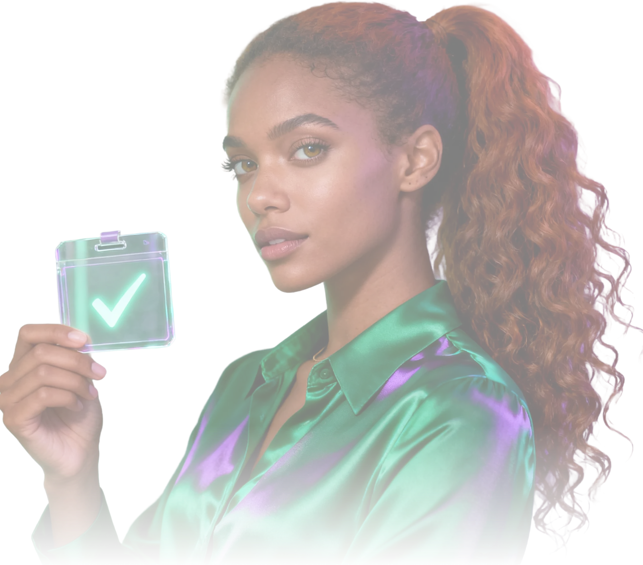 Two young professionals back to back, a Black woman in a green satin shirt holding a notebook and a man in a shiny purple and green jacket using a laptop.