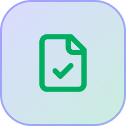 Green outlined document icon with a checkmark on a blue and green rounded square background.