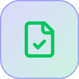 Green outlined document icon with a checkmark on a blue and green rounded square background.
