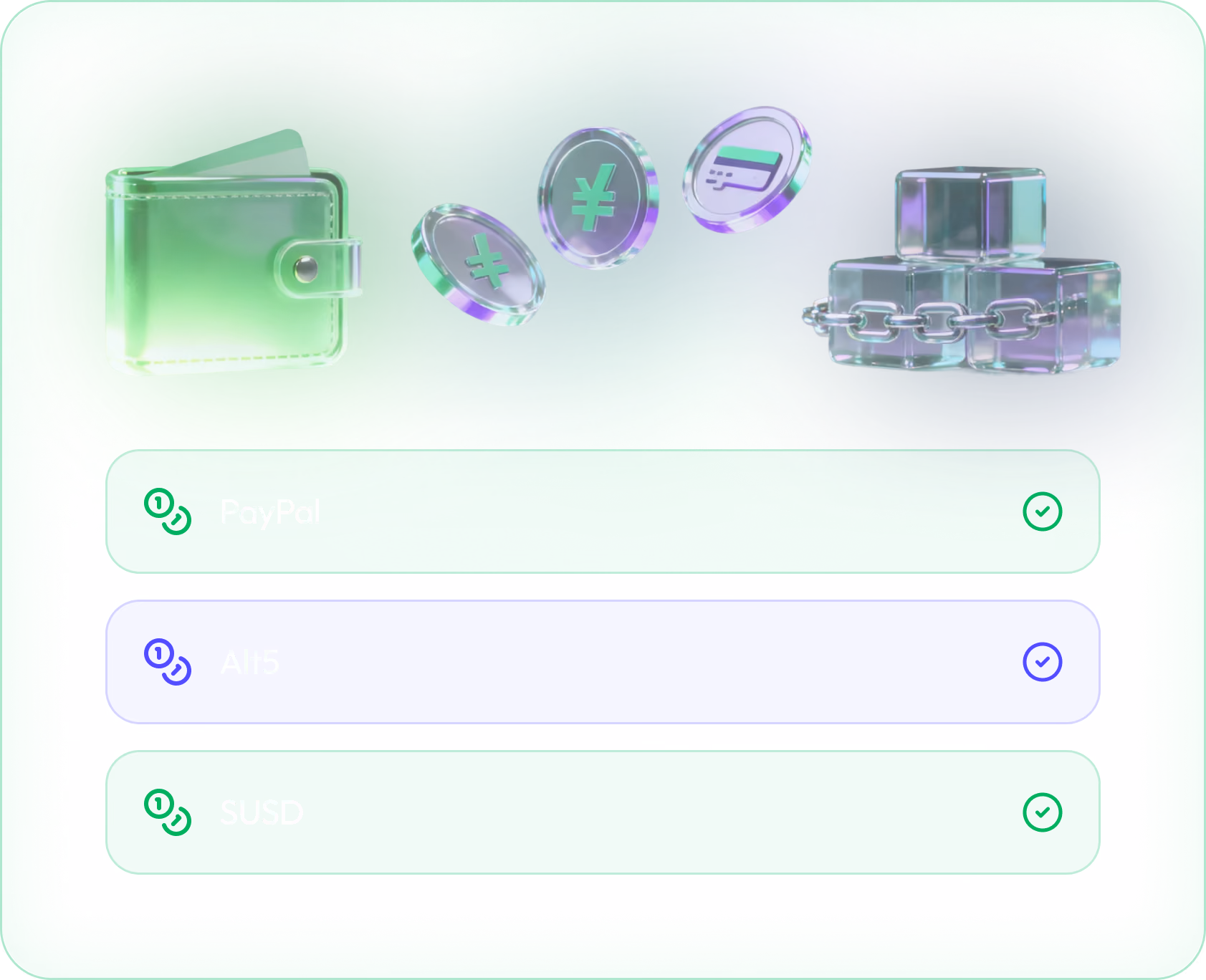 Illustration of a green wallet with floating coins featuring currency symbols and a credit card icon, alongside transparent blocks linked by chains, above three labeled and checked buttons: PayPal, Alt5, and SUSD.