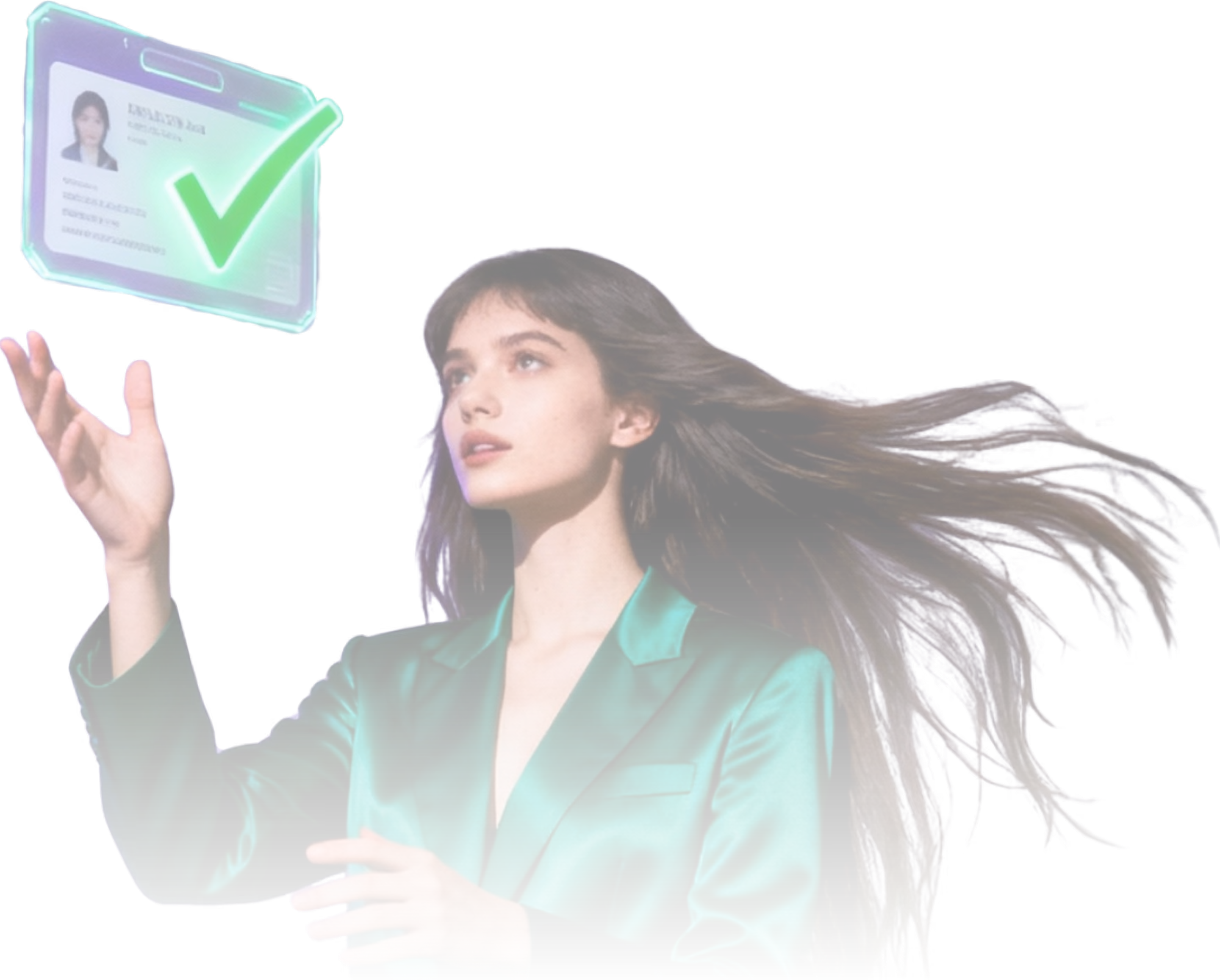Two young professionals back to back, a Black woman in a green satin shirt holding a notebook and a man in a shiny purple and green jacket using a laptop.