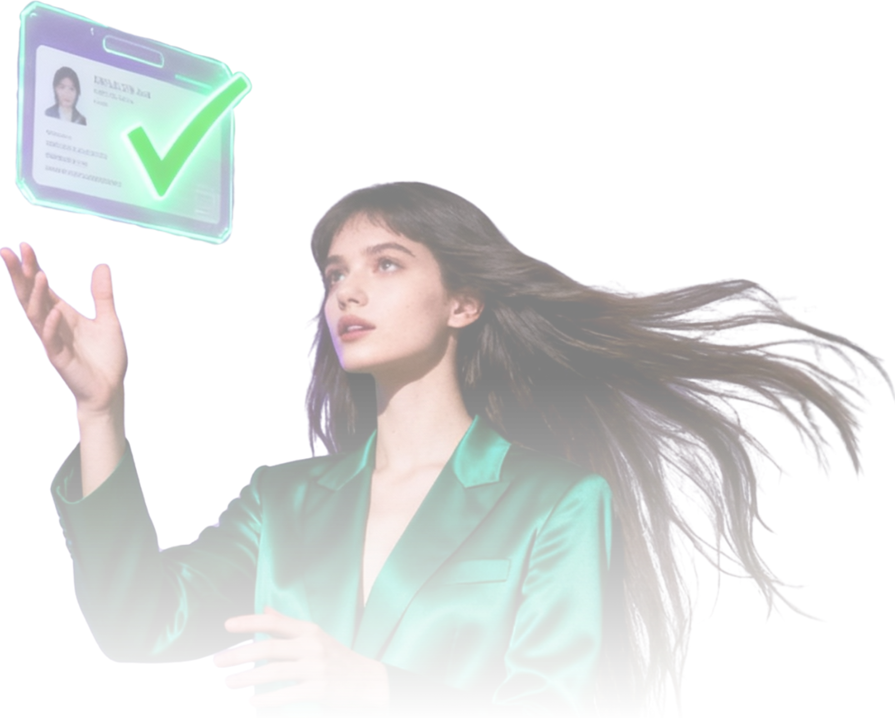 Two young professionals back to back, a Black woman in a green satin shirt holding a notebook and a man in a shiny purple and green jacket using a laptop.