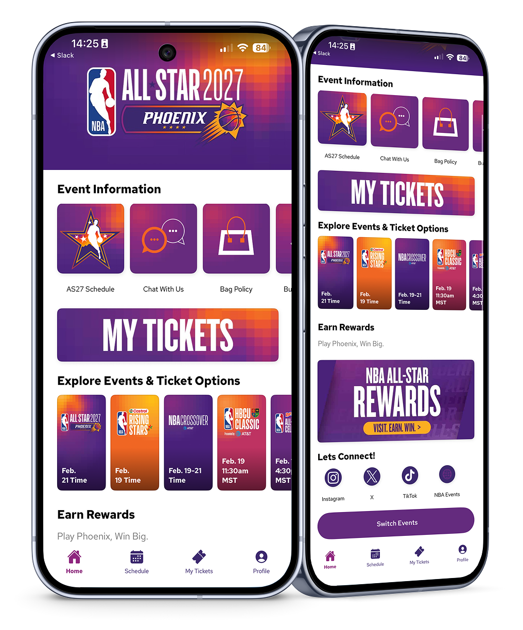 NBA All-Star 2027 app on two phones showing event info, tickets and rewards