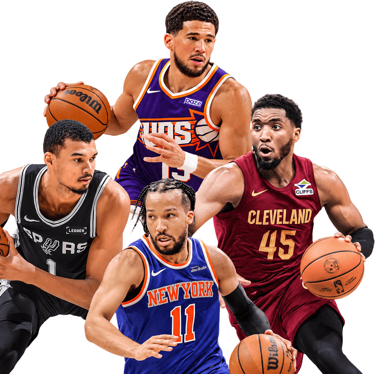 NBA players in Spurs, Suns, Knicks and Cavaliers jerseys dribbling basketballs