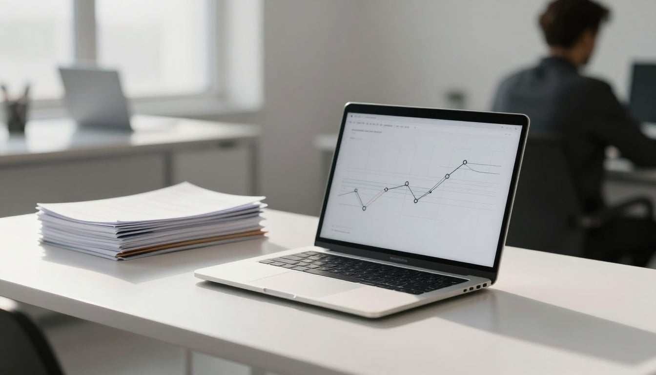 Insurance agent smiling at desk with virtual assistant icons on screen, representing efficient daily task management