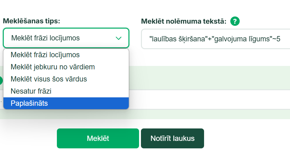 Paplašināts ("boolean search") meklētājs.