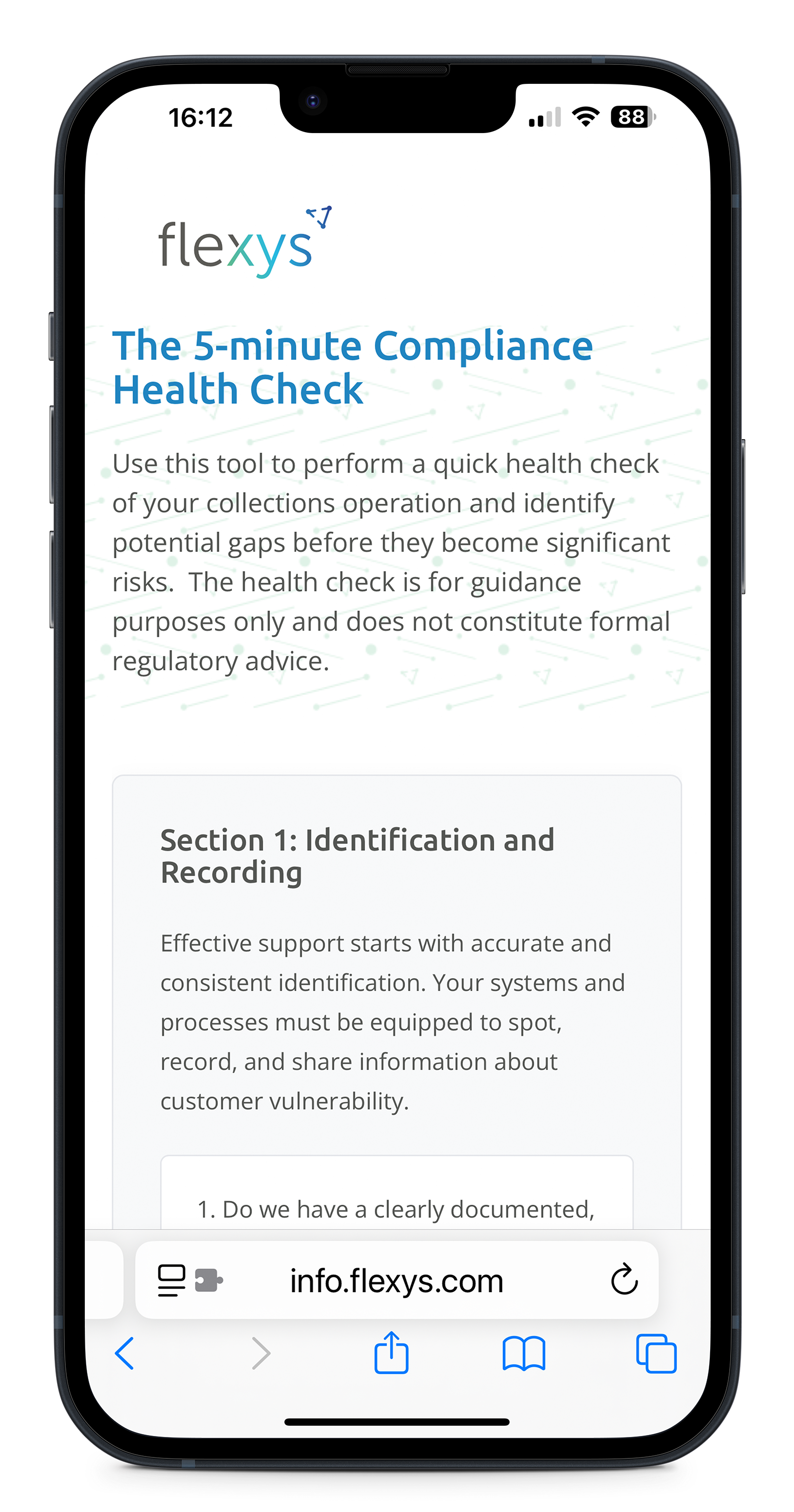 Phone showing the Flexys Compliance Health Check