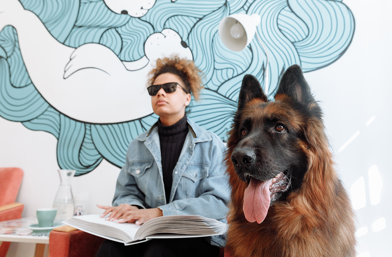 Imagen estudiante ciega un libro estudiando con su perro
