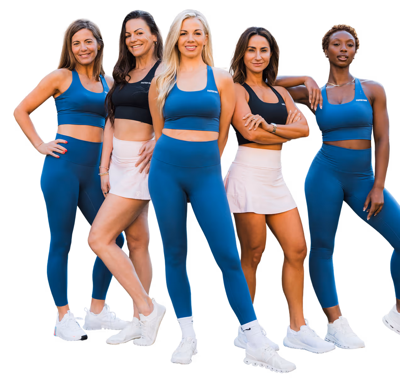 Group of five fit women in athletic wear posing confidently, with blue and black sports tops and leggings or skirts.