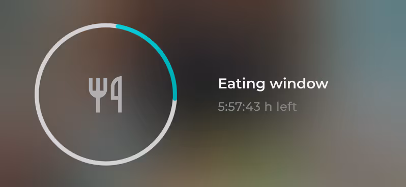 Circular progress indicator with fork and knife icon showing 5 hours 57 minutes left for eating window.