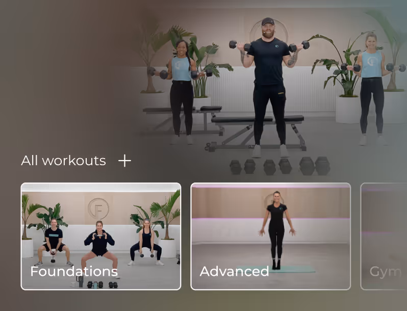 Fitness workout selection screen showing groups exercising with dumbbells, labeled 'Foundations' and 'Advanced'.